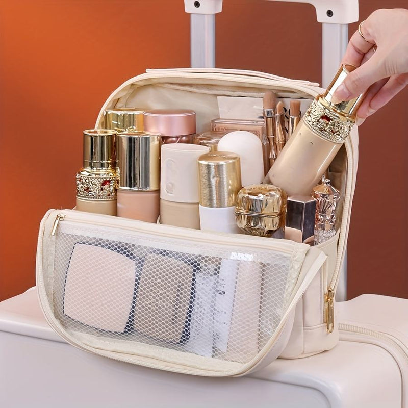 Portable PU Standing Makeup Bag Zipper Closure Letter Soft Handle Large Capacity for Professional Beauty Cosmetics Storage