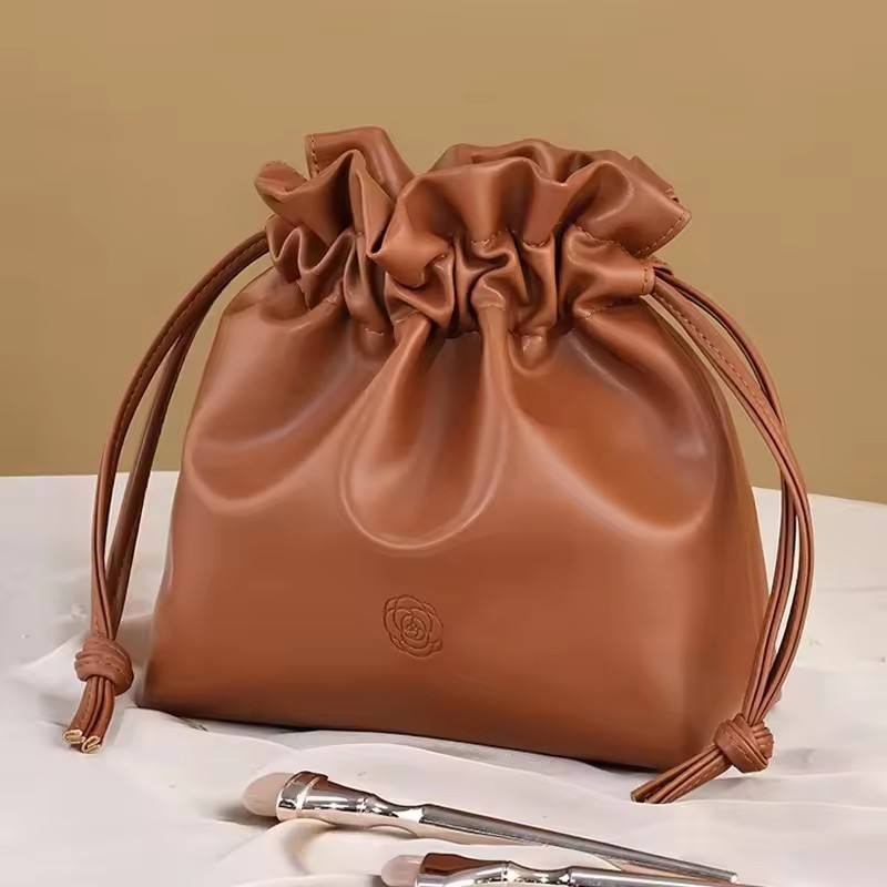 Elegant Soft PU Leather Drawstring Cosmetic Bag Portable Waterproof Makeup Pouch for Woman Travel Toiletry Organizer