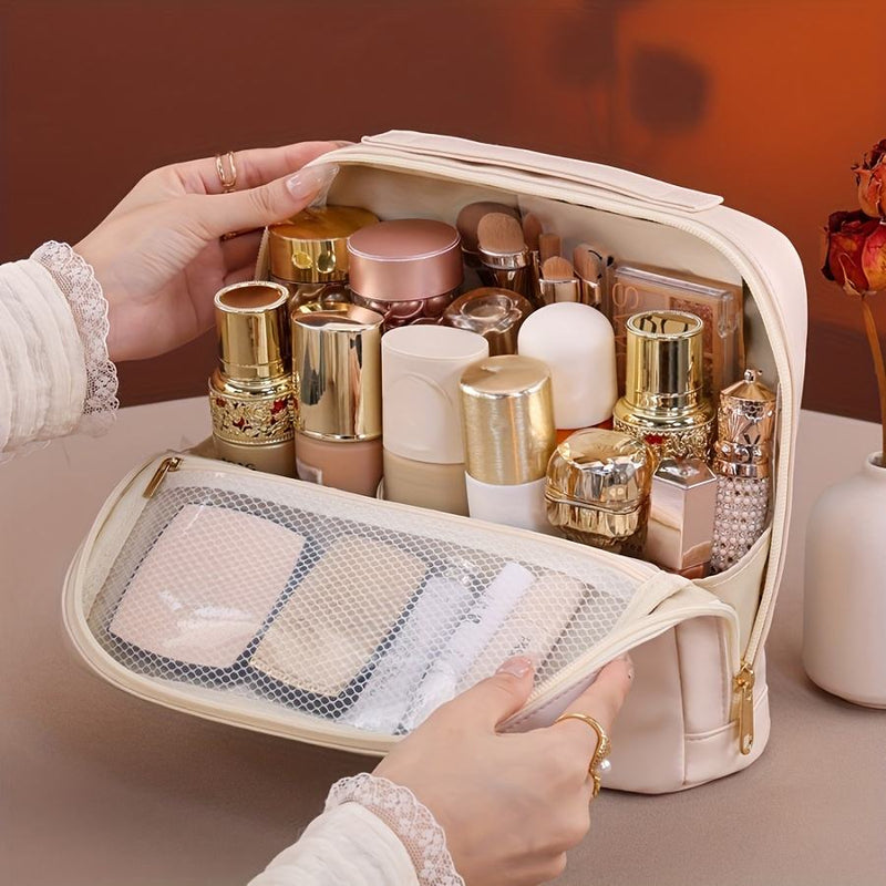 Portable PU Standing Makeup Bag Zipper Closure Letter Soft Handle Large Capacity for Professional Beauty Cosmetics Storage