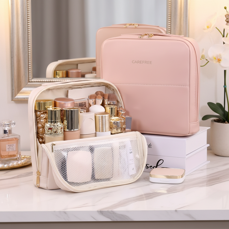 Portable PU Standing Makeup Bag Zipper Closure Letter Soft Handle Large Capacity for Professional Beauty Cosmetics Storage