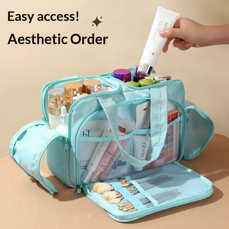 Fashionable Simple Woman Open Nylon Multi-layer Antibacterial Makeup Bag 2025 New Model Portable Lightweight Large-Capacity