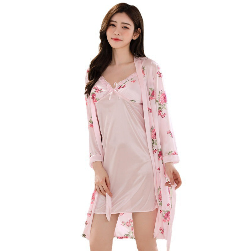 Woman Ice Silk Sleepwear Two-Piece Set with Straps, Underwire, and Bust Pads