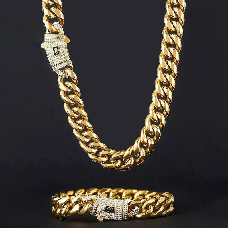 Luxury Iced Out Cuban Link Chain Set, Gold Plated CZ Diamond Necklace and Bracelet, Hip Hop Streetwear Jewelry Gift