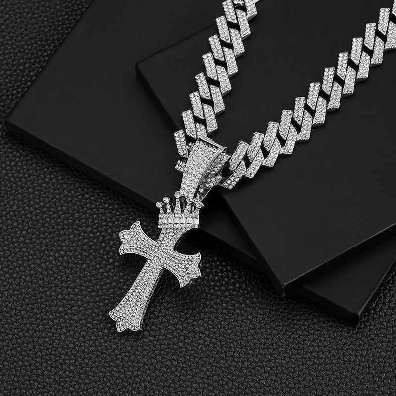 Iced Out Crown Cross Pendant Cuban Link Chain Necklace for Men, Hip Hop Bling Diamond CZ Necklace, Gold Silver Rapper Jewelry