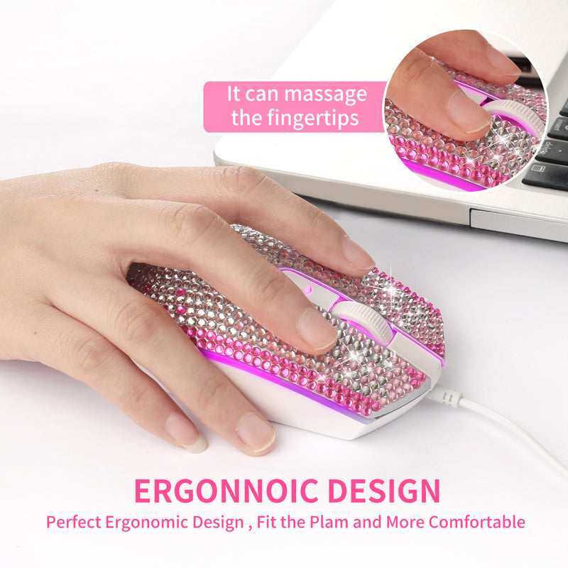 Bling Pink-White Gradient Full Rhinestone RGB Backlit Wired Mouse