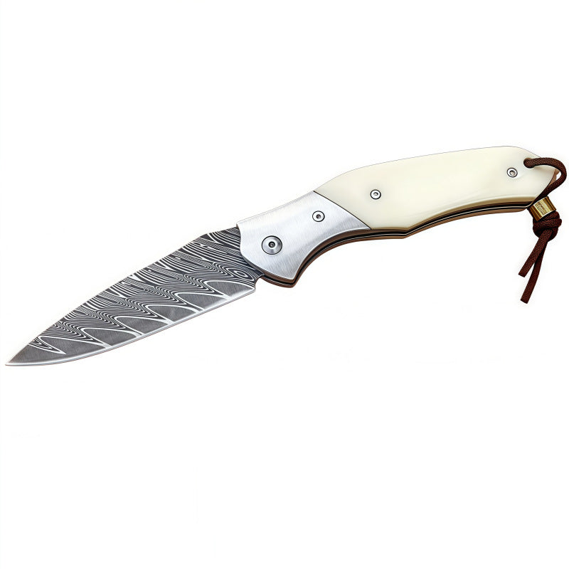 Handmade Damascus Steel Folding Pocket Knife, EDC Liner Lock Knife with White Resin Handle for Camping, Hiking, Everyday Carry
