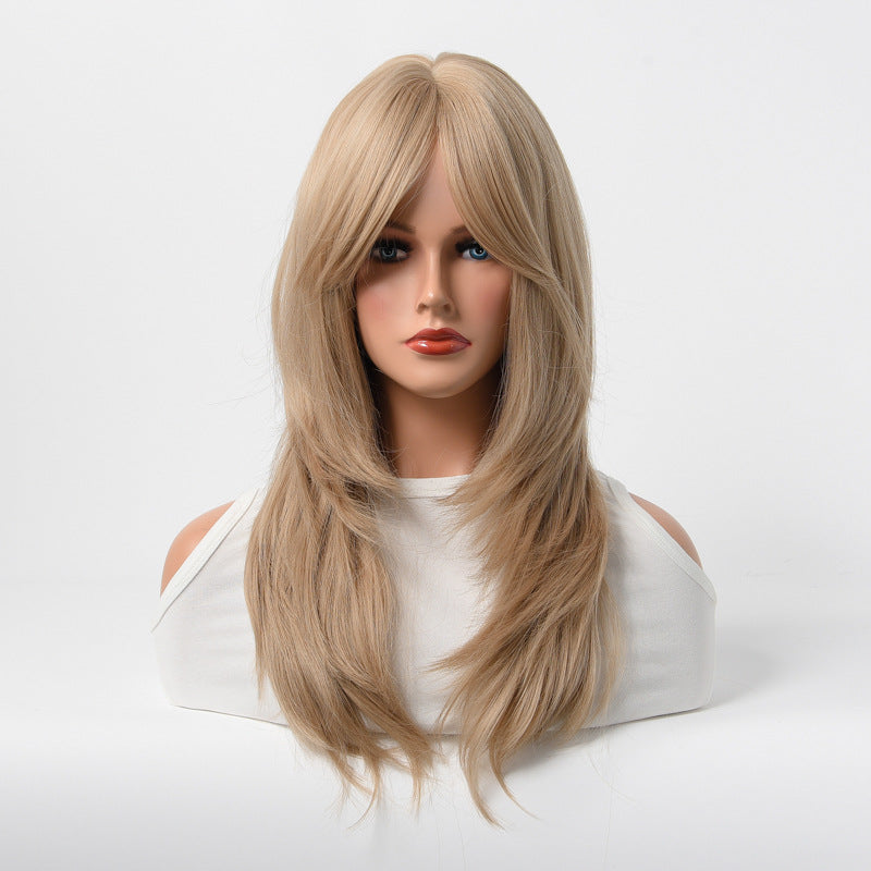 Womans Long Layered Ash Blonde Wig with Bangs, Heat Resistant Synthetic Hair, Natural Looking Wig for Daily Wear & Party