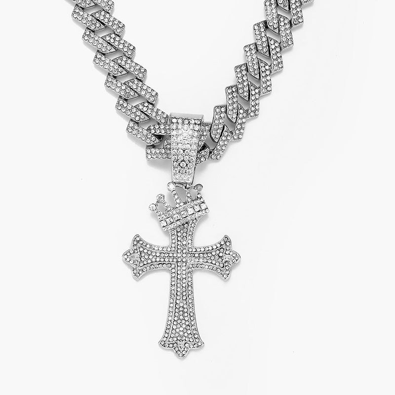 Iced Out Crown Cross Pendant Cuban Link Chain Necklace for Men, Hip Hop Bling Diamond CZ Necklace, Gold Silver Rapper Jewelry