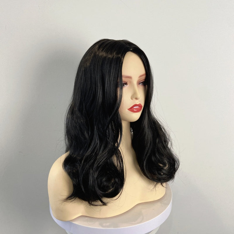 Wave shaped synthetic heat-resistant wig with bangs