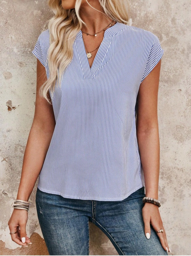 Summer new button up short sleeved shirt with a casual stripe top and a collar
