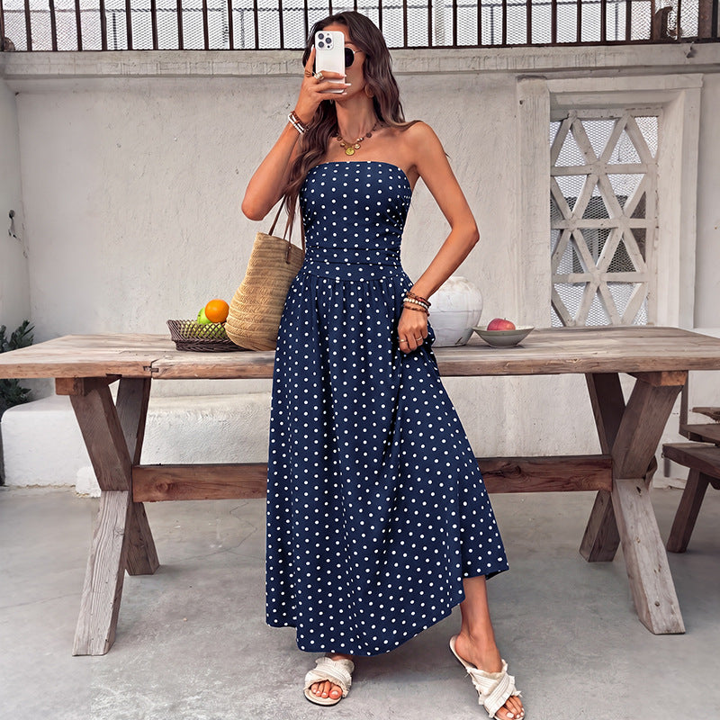 Woman Fashion Summer Dress Blue with white dots