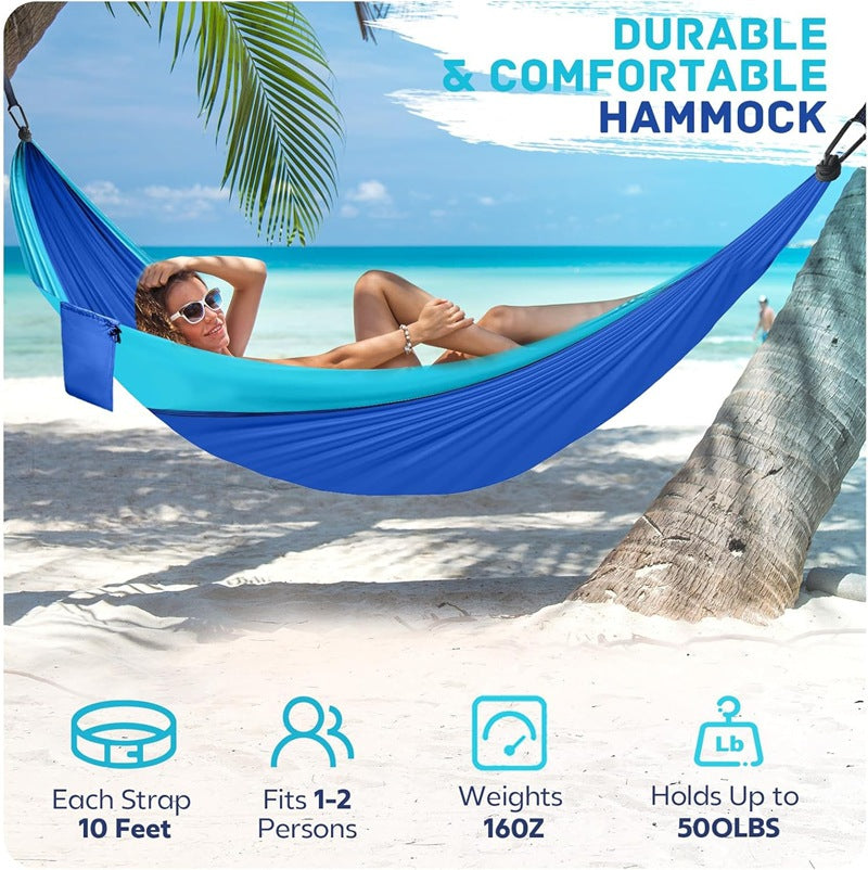 Portable Double Camping Hammock with Tree Straps & Carabiners, Lightweight Nylon Hammock for Outdoor Hiking, Camping, Travel, Backpacking