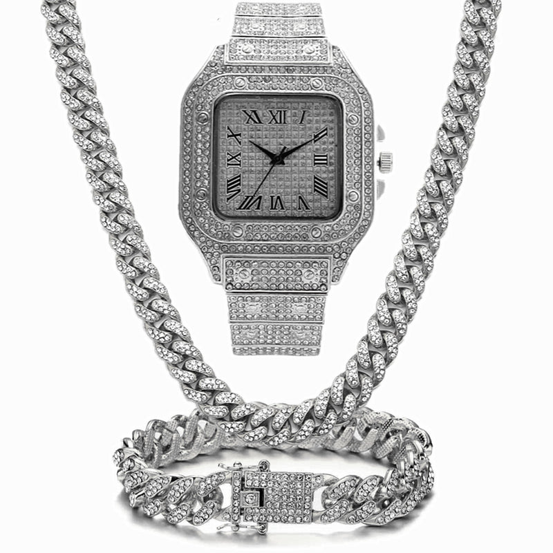 Fashion Square Rhinestone Full Diamond Roman Numeral Dial Quartz Watch Set 3pcs/set