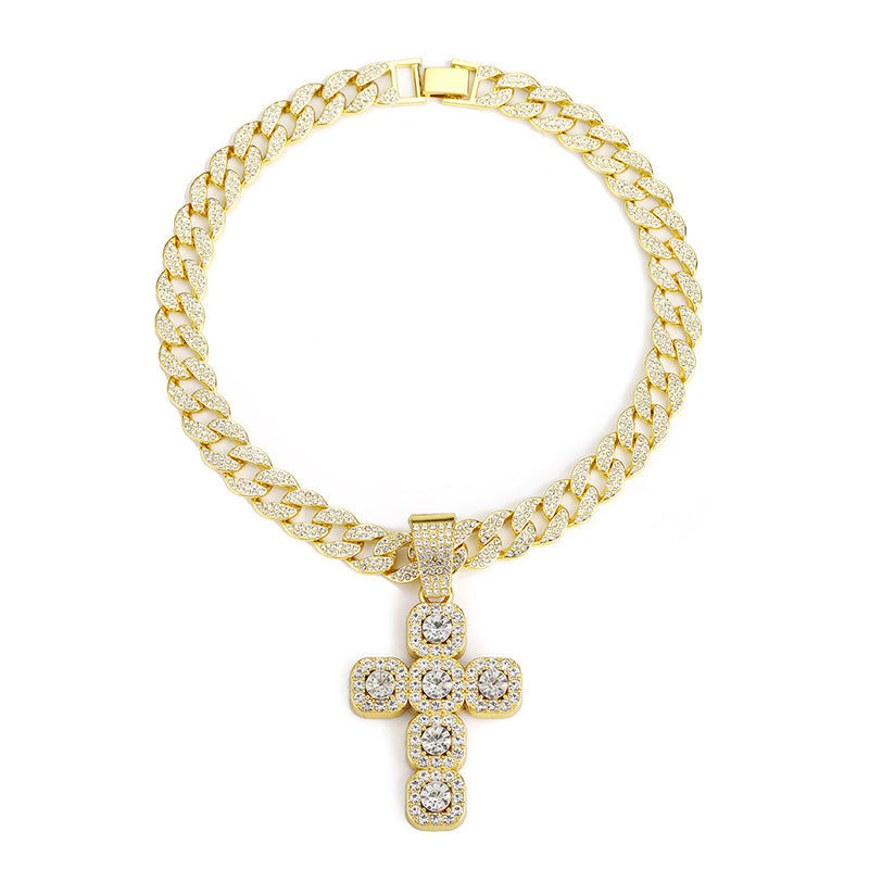 European & American Hip-hop Full Diamond Inlaid Cross Pendant Cuban Choker Necklace