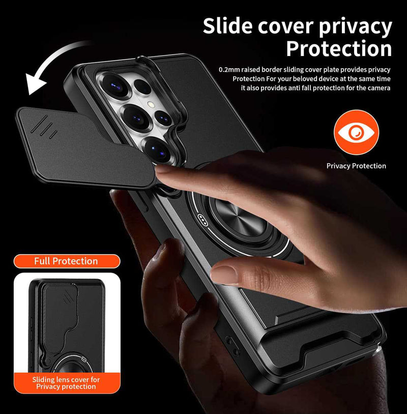 Samsung S26 Ultra Case with Slide Camera Cover, 360 Ring Stand Magnetic Armor Mobile Phone Case