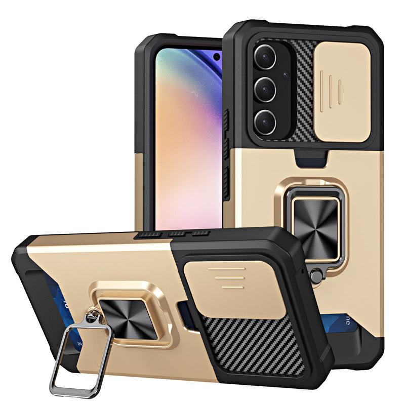 Slide Camera Card Slot Armor Phone Case for Samsung Galaxy S25 Magnetic Ring Stand Back Cover