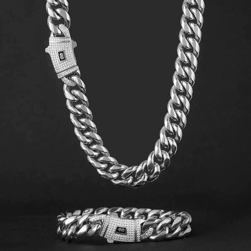 Luxury Iced Out Cuban Link Chain Set, Gold Plated CZ Diamond Necklace and Bracelet, Hip Hop Streetwear Jewelry Gift