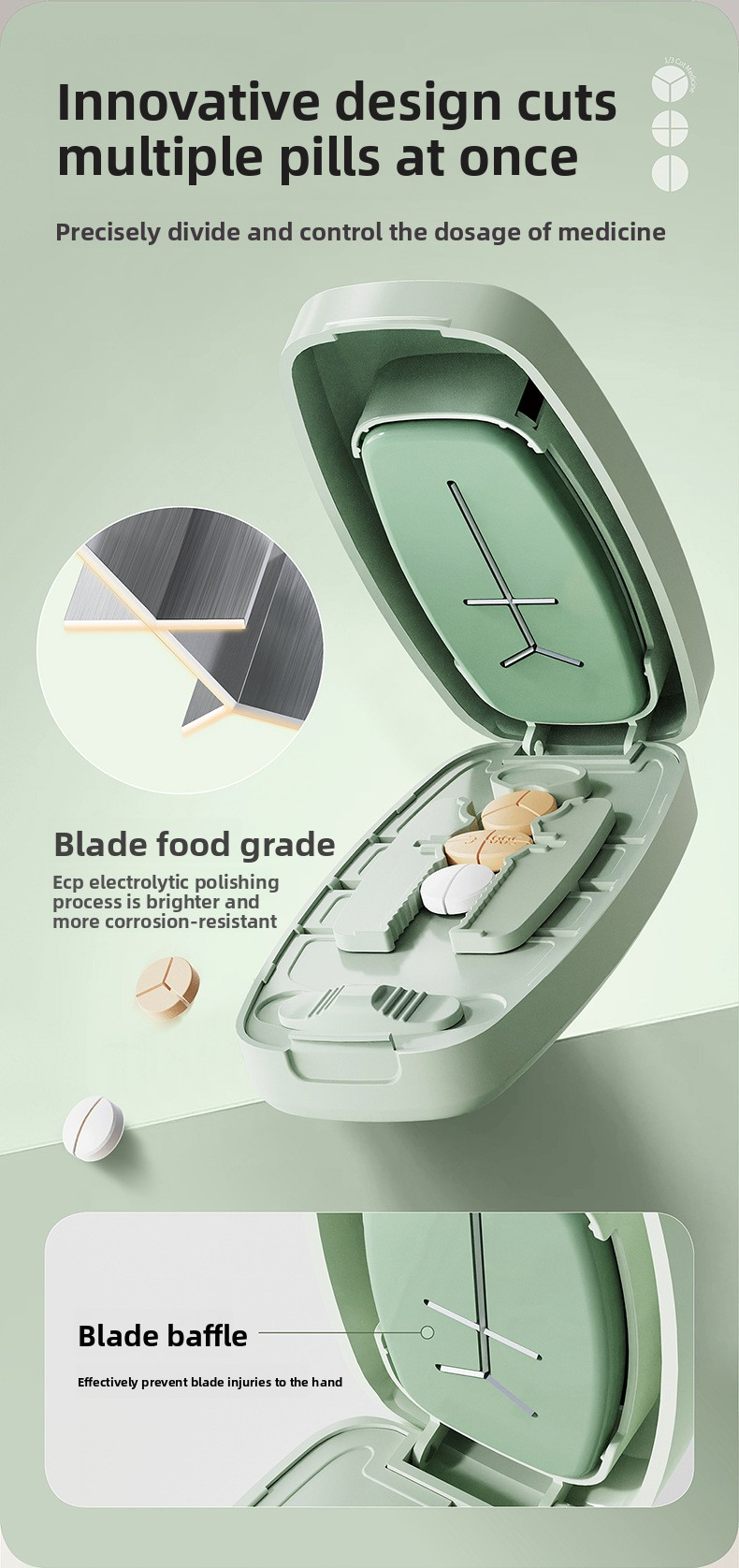 Multi functional medicine cutter, 1/4/2/3 medicine cutter, tablet and pill divider, portable dispensing box
