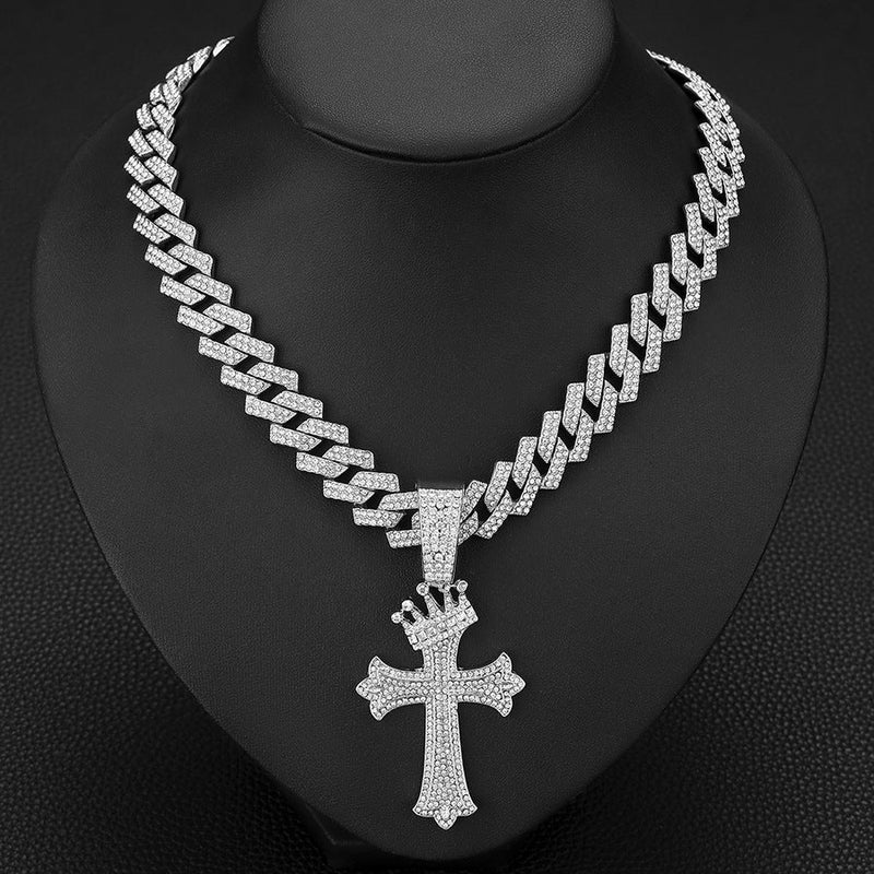 Iced Out Crown Cross Pendant Cuban Link Chain Necklace for Men, Hip Hop Bling Diamond CZ Necklace, Gold Silver Rapper Jewelry