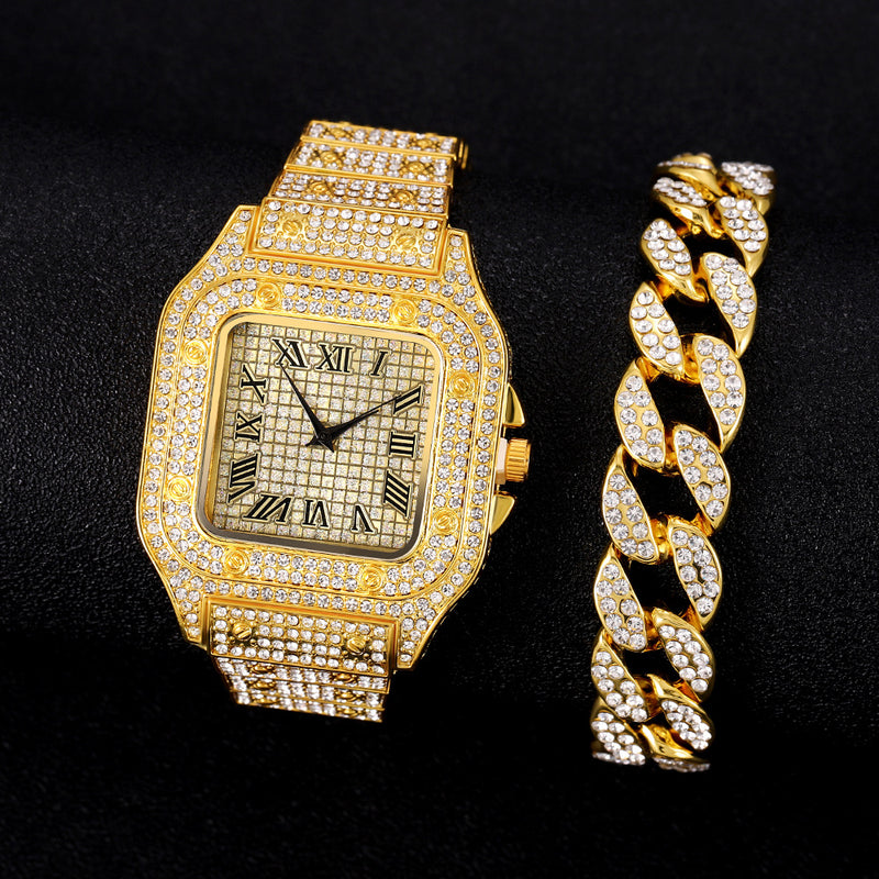 Fashion Luxury Hip-Hop Square Roman Diamond-Plated Stainless Steel Quartz Watch + Oval Hip-Hop Diamond-Plated Bracelet