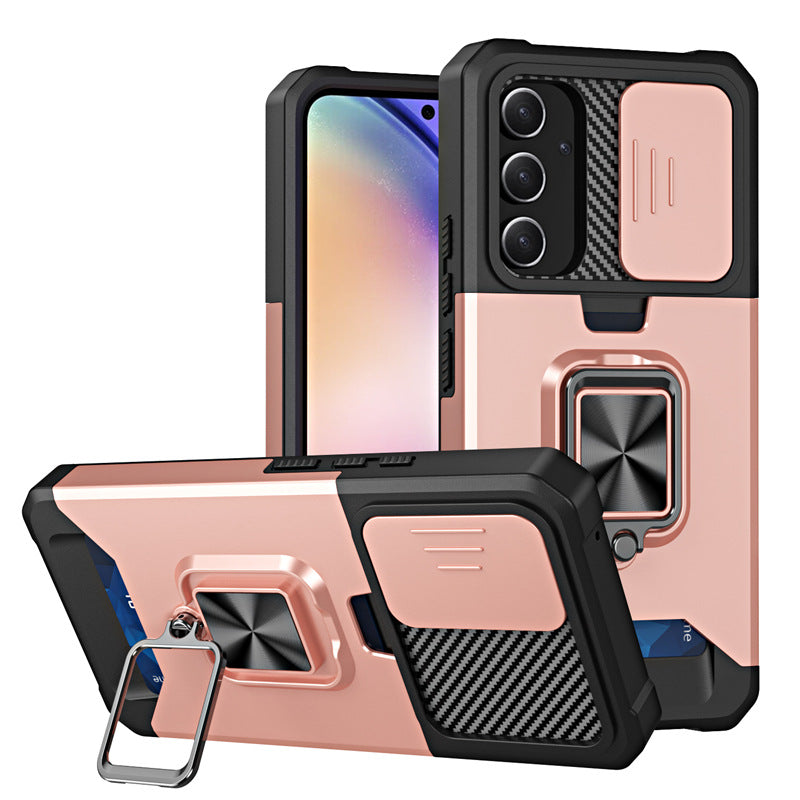 Slide Camera Card Slot Armor Phone Case for Samsung Galaxy S25 Plus Magnetic Ring Stand Back Cover