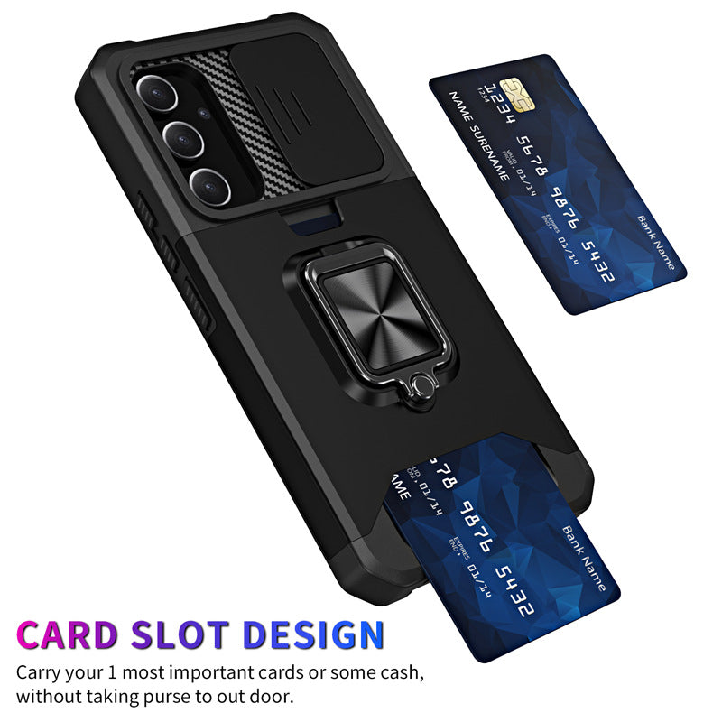 Slide Camera Card Slot Armor Phone Case for Samsung Galaxy S25 Magnetic Ring Stand Back Cover