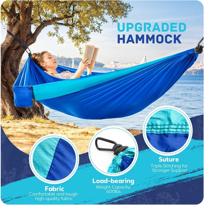 Portable Double Camping Hammock with Tree Straps & Carabiners, Lightweight Nylon Hammock for Outdoor Hiking, Camping, Travel, Backpacking