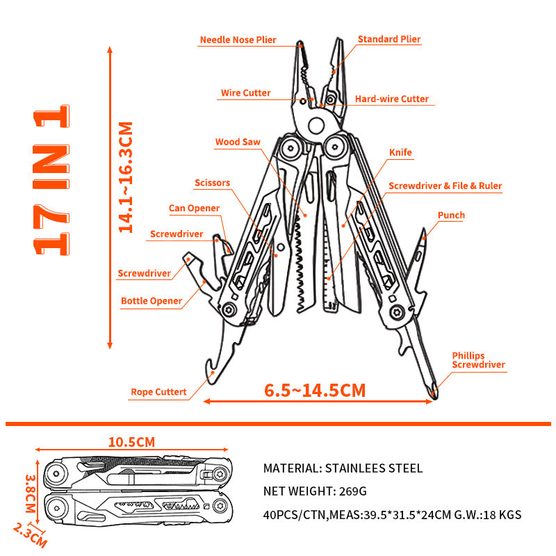 17-in-1 Stainless Steel Multi Tool Pliers, EDC Survival Gear