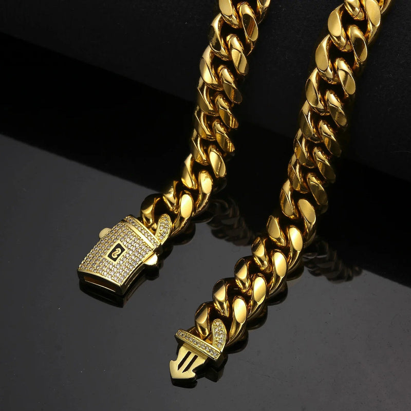 Luxury Iced Out Cuban Link Chain Set, Gold Plated CZ Diamond Necklace and Bracelet, Hip Hop Streetwear Jewelry Gift