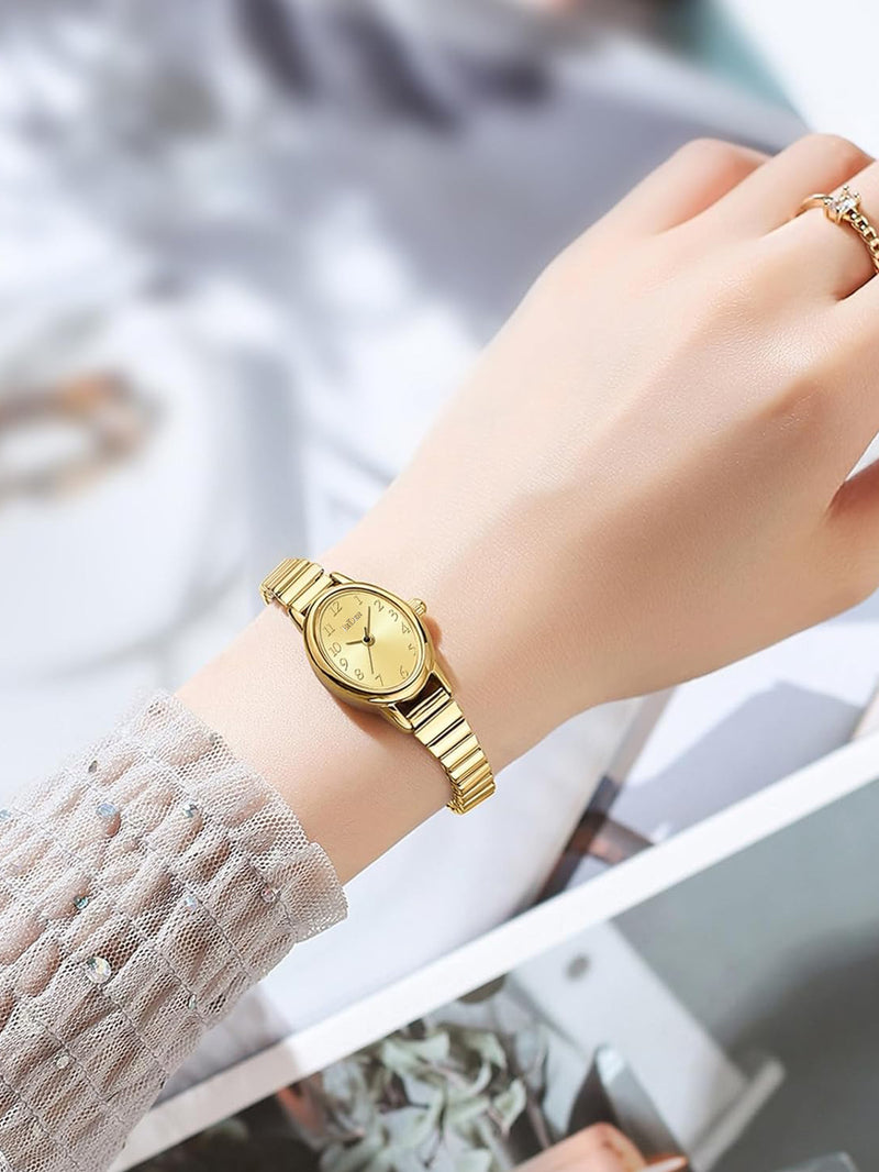 Biden Gold Womans Wrist Watch, 3ATM Waterproof Elastic Band Analog Quartz Watch for Ladies