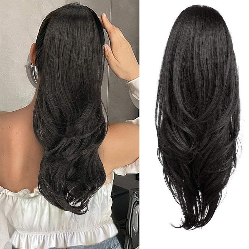 Wave shaped synthetic heat-resistant wig with bangs