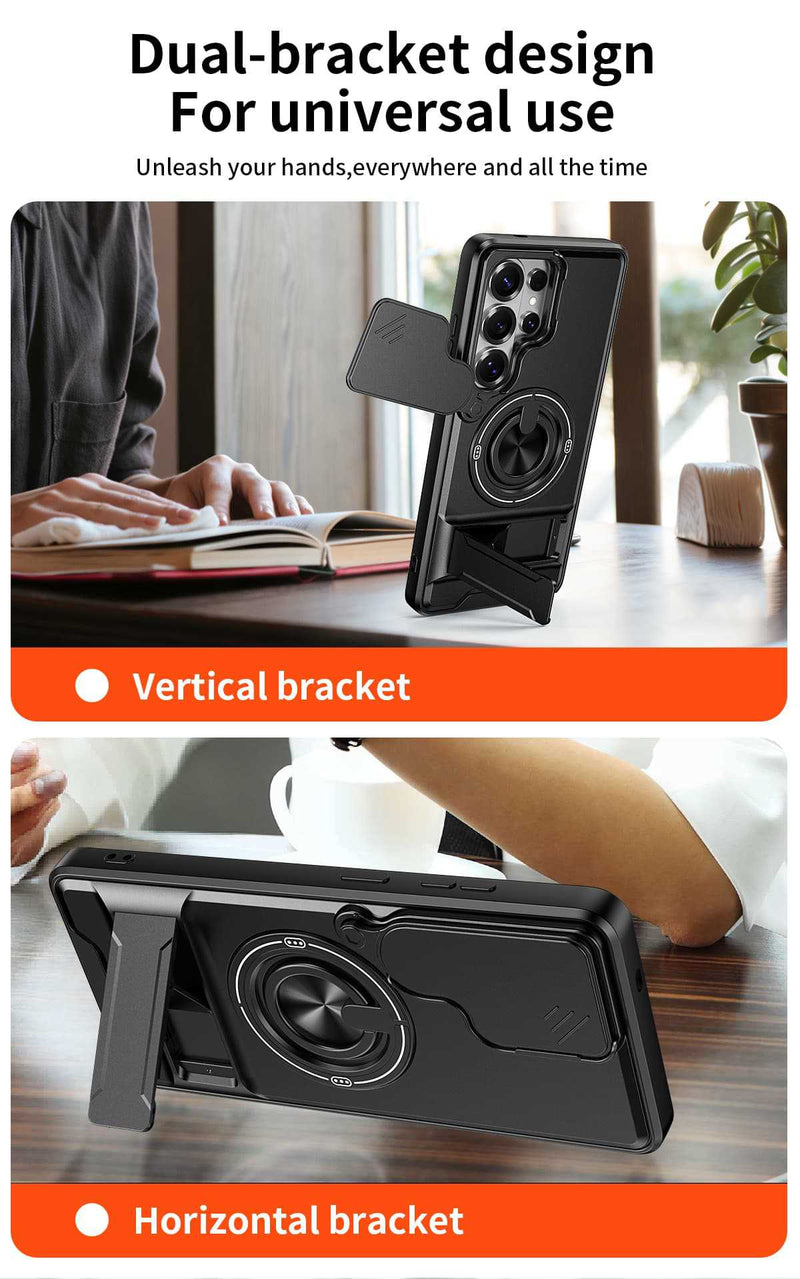 Samsung S26 Ultra Case with Slide Camera Cover, 360 Ring Stand Magnetic Armor Mobile Phone Case