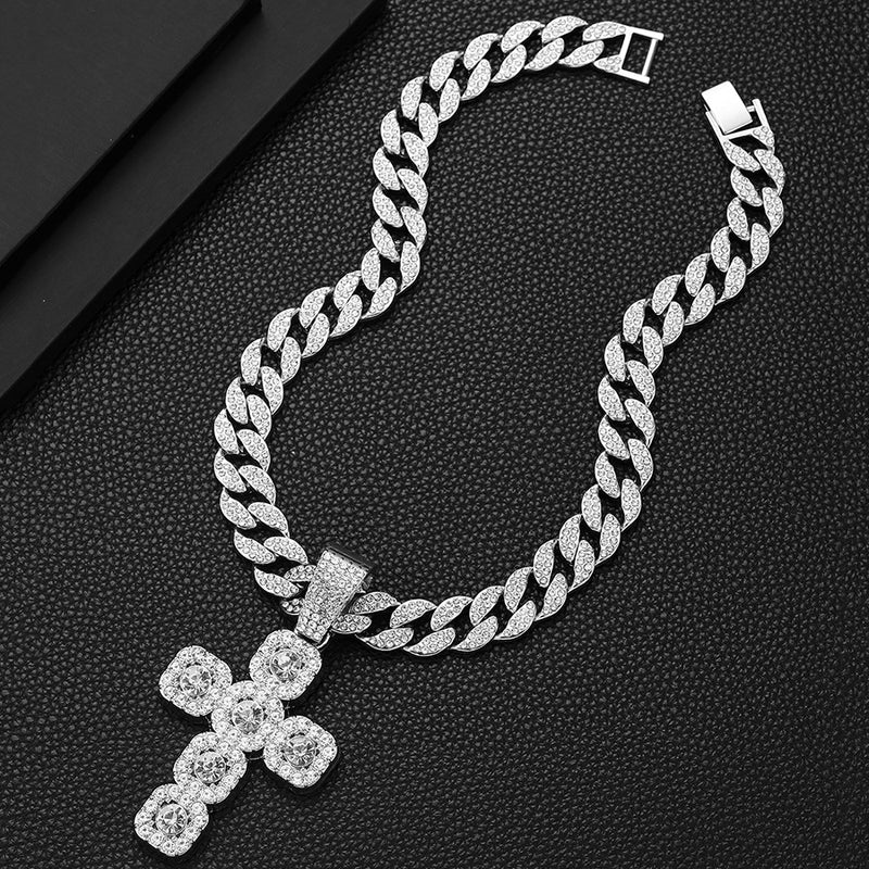 European & American Hip-hop Full Diamond Inlaid Cross Pendant Cuban Choker Necklace