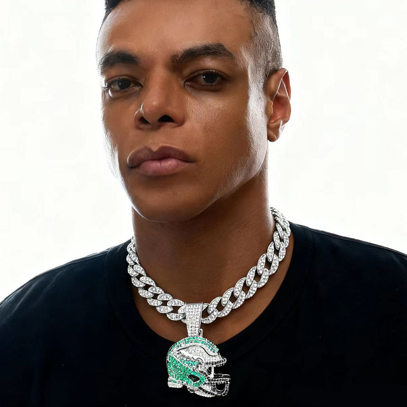 Philadelphia Eagles Helmet Iced Out Cuban Link Chain Necklace, Hip Hop Bling Pendant for Men, Sports Fan Jewelry
