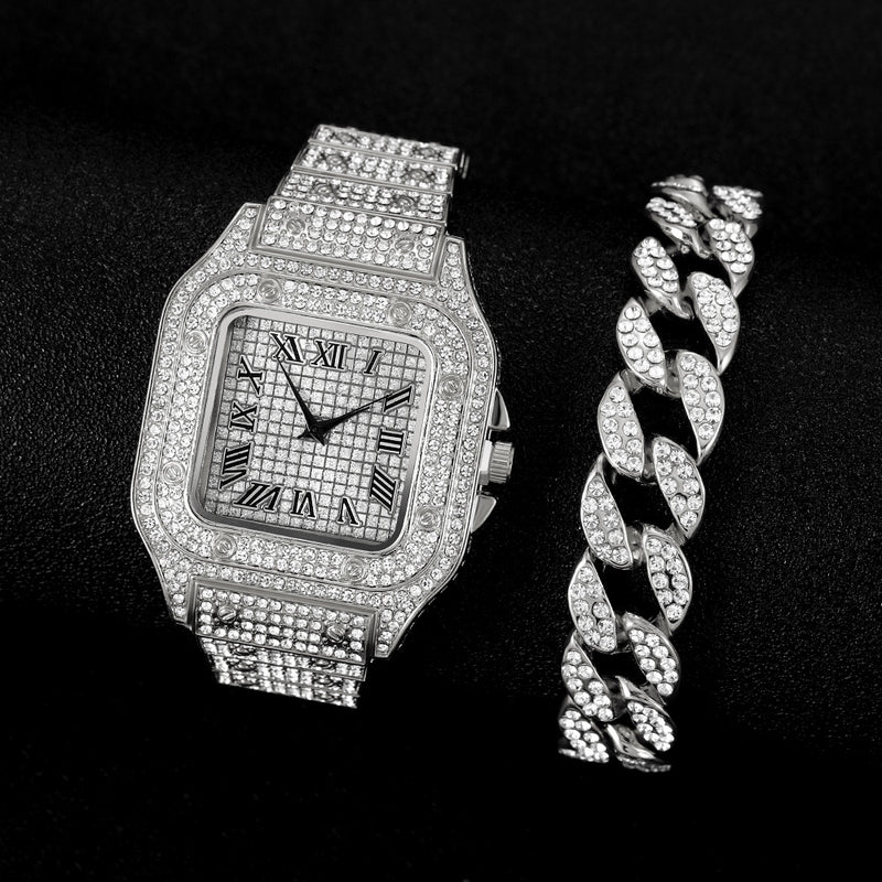 Fashion Luxury Hip-Hop Square Roman Diamond-Plated Stainless Steel Quartz Watch + Oval Hip-Hop Diamond-Plated Bracelet