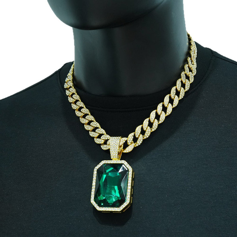 Iced Out Big Gemstone Pendant Cuban Link Chain Necklace for Men, Hip Hop Bling CZ Diamond Necklace, Gold Silver Rapper Jewelry