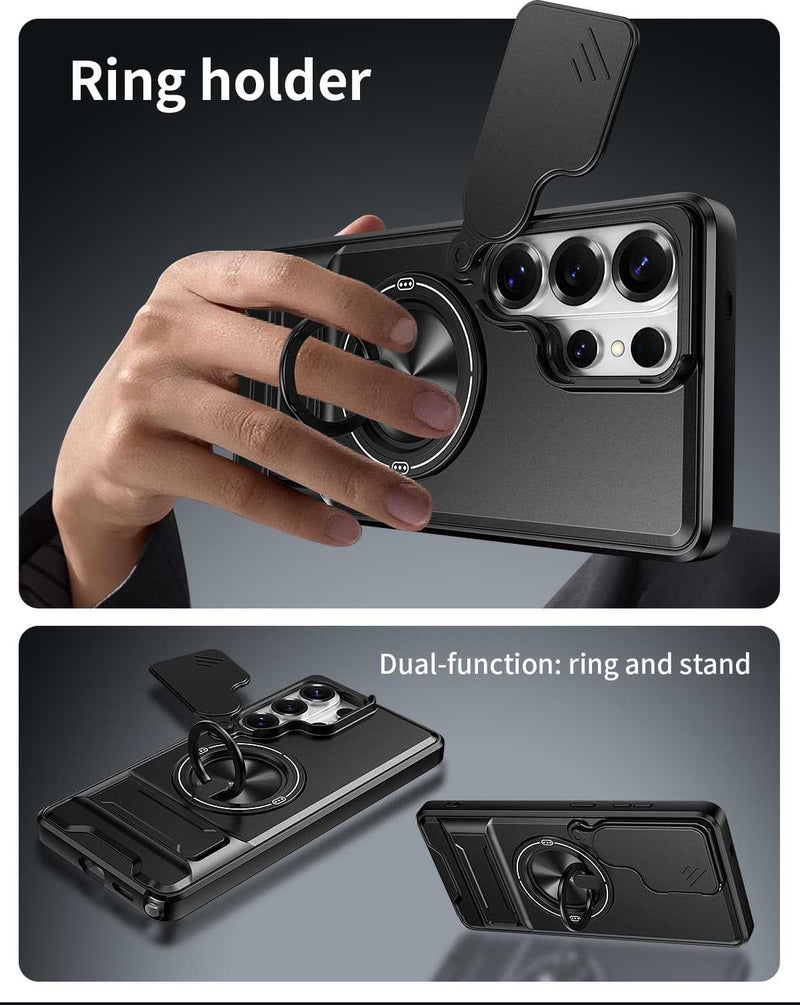 Samsung S26 Ultra Case with Slide Camera Cover, 360 Ring Stand Magnetic Armor Mobile Phone Case