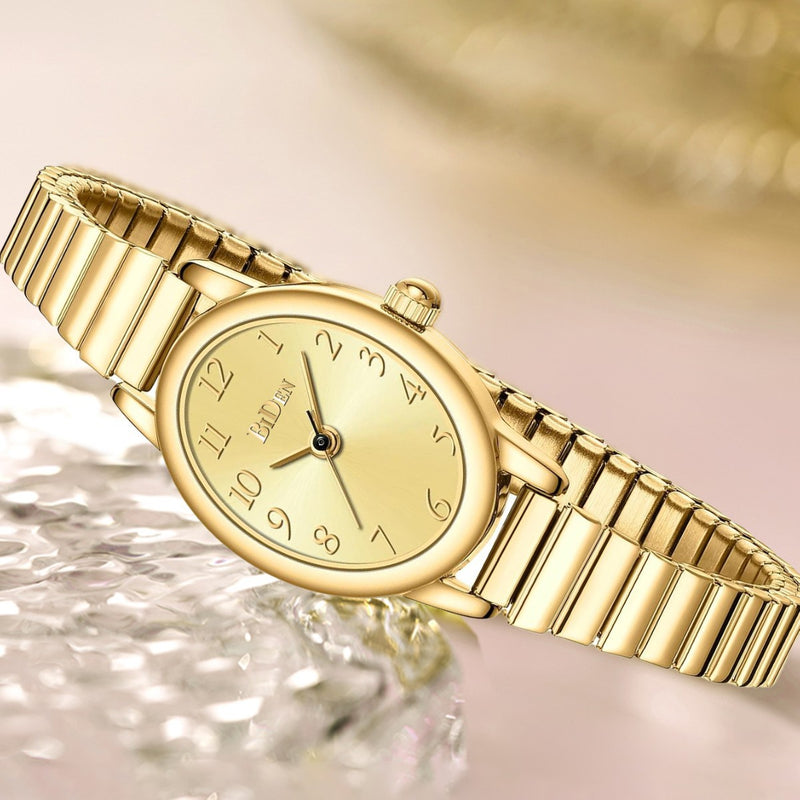Biden Gold Womans Wrist Watch, 3ATM Waterproof Elastic Band Analog Quartz Watch for Ladies