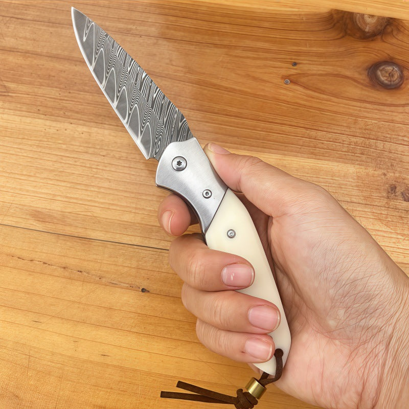 Handmade Damascus Steel Folding Pocket Knife, EDC Liner Lock Knife with White Resin Handle for Camping, Hiking, Everyday Carry