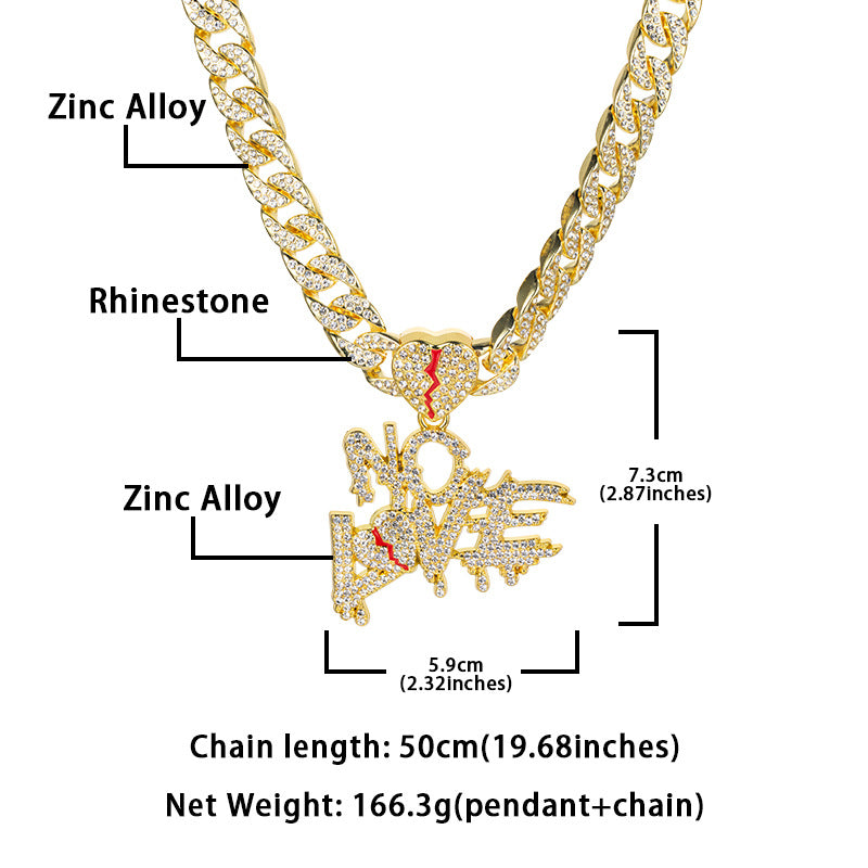 Hip-hop Full Diamond Cuban Chain Letter Heart Pendant Hiphop Street Culture Trendy Male Necklace