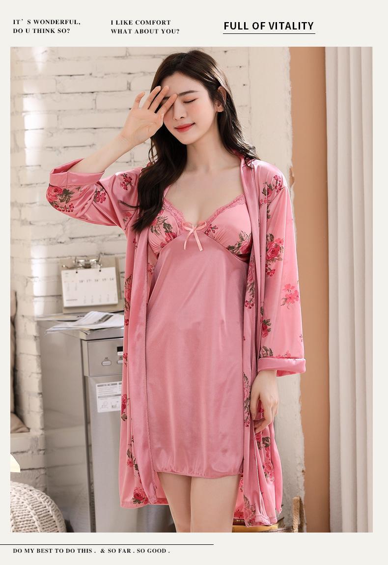 Woman Ice Silk Sleepwear Two-Piece Set with Straps, Underwire, and Bust Pads