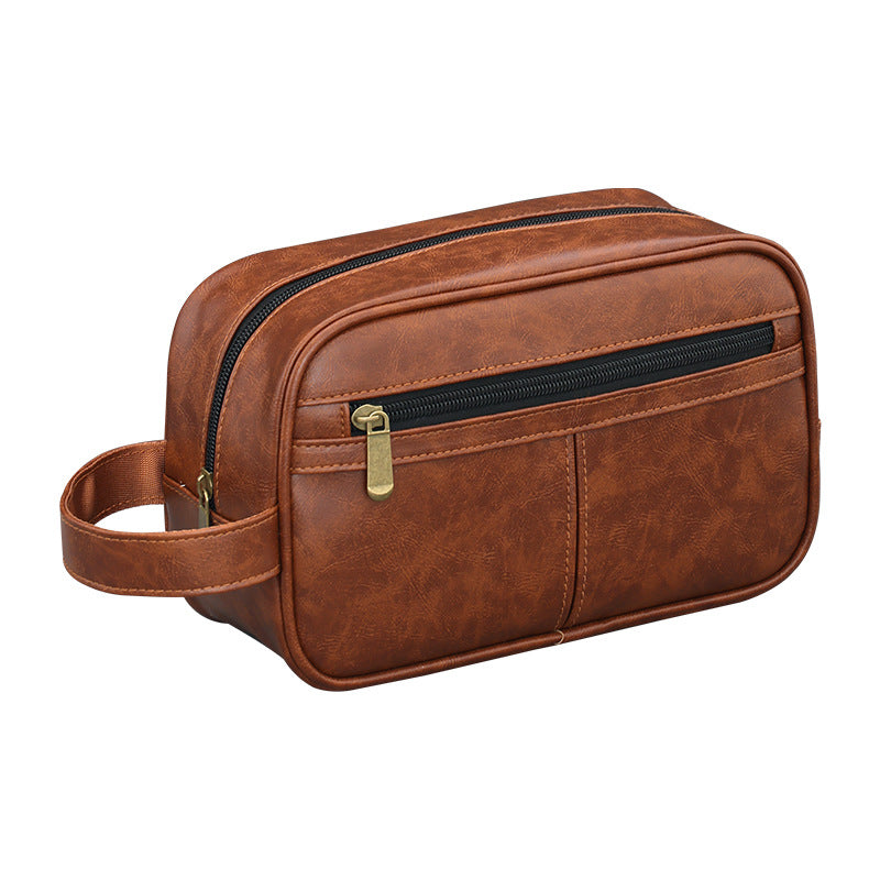 Contrast Color Men's PU Wash Bag Medium Capacity Waterproof Zipper Closure Side Handle Portable Cosmetic Storage Travel Fitness