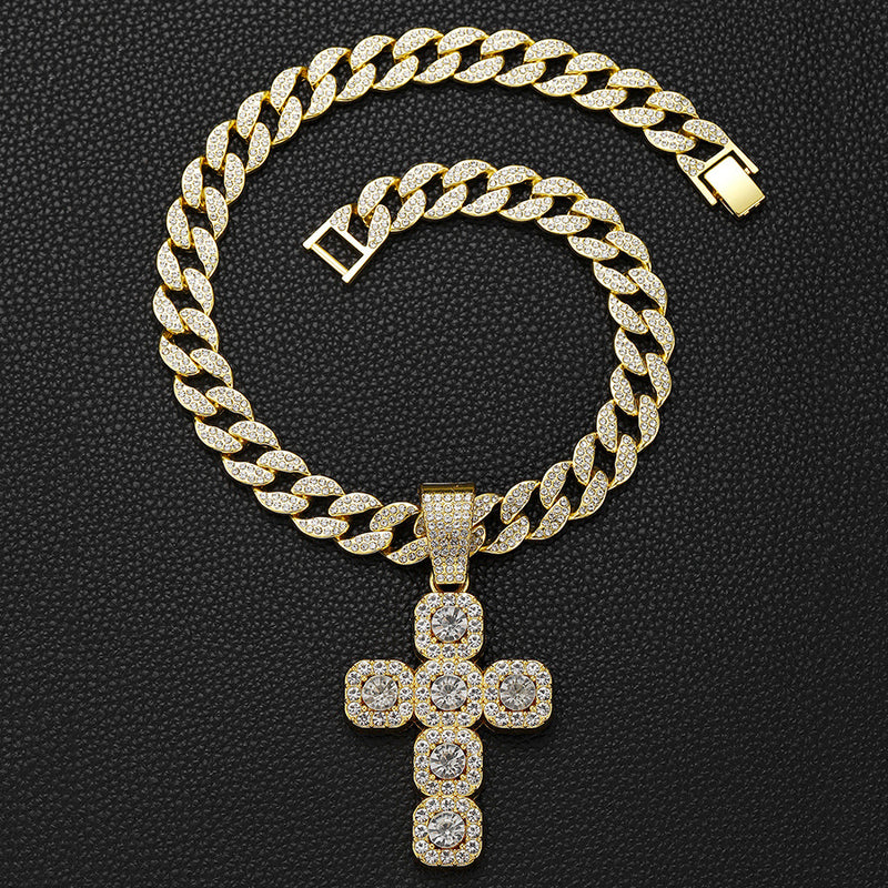 European & American Hip-hop Full Diamond Inlaid Cross Pendant Cuban Choker Necklace