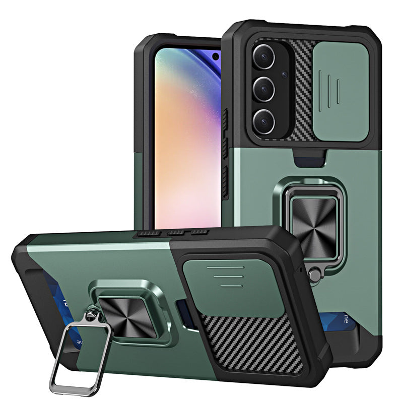 Slide Camera Card Slot Armor Phone Case for Samsung Galaxy S25 Magnetic Ring Stand Back Cover