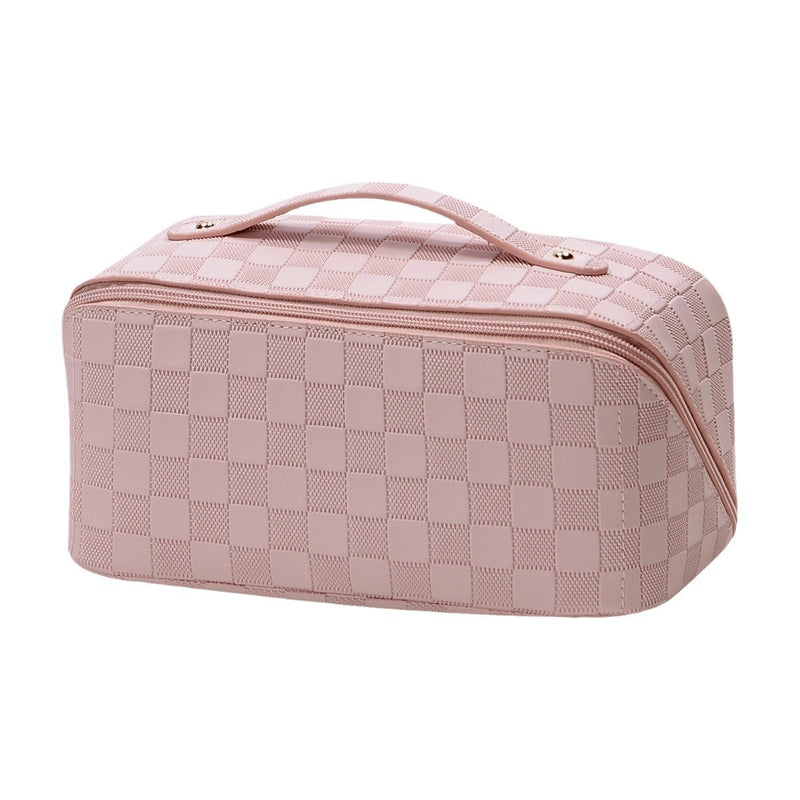 Fashionable Large Capacity Travel Portable Cosmetic Bag with Zipper Simple Checkerboard PU Waterproof Makeup Bag