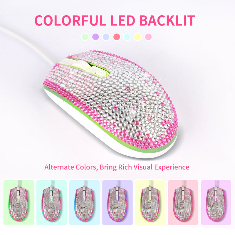 Bling Pink-White Gradient Full Rhinestone RGB Backlit Wired Mouse