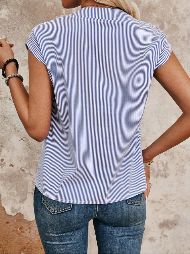 Summer new button up short sleeved shirt with a casual stripe top and a collar