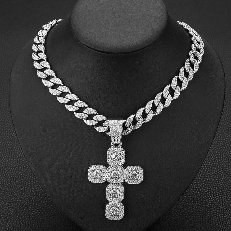 European & American Hip-hop Full Diamond Inlaid Cross Pendant Cuban Choker Necklace