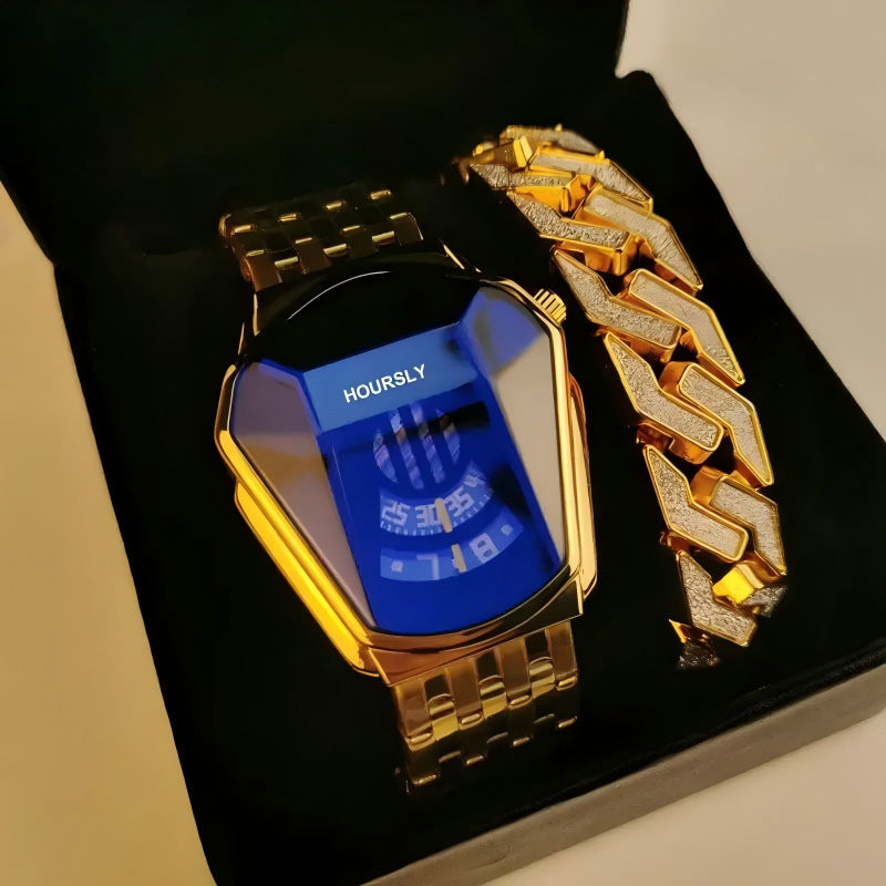 Fashion Luxury Hip-Hop Square Roman Diamond-Plated Stainless Steel Quartz Watch + Oval Hip-Hop Diamond-Plated Bracelet