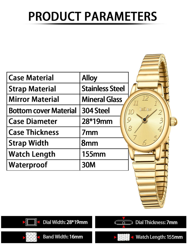 Biden Gold Womans Wrist Watch, 3ATM Waterproof Elastic Band Analog Quartz Watch for Ladies